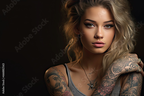 beautiful teenage girl with tattoos and a simple hairstyle