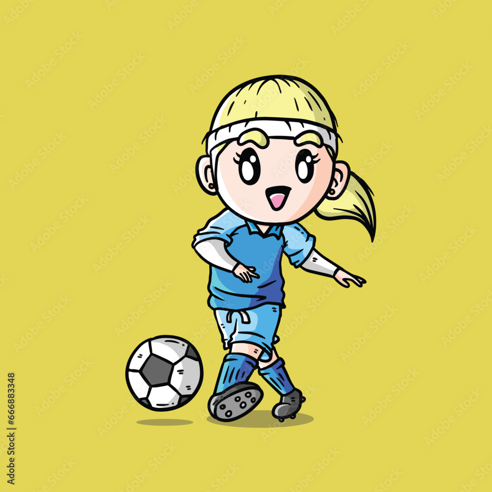 Cute Vector Illustration of Women Football player in Blue Jersey. Woman Football Player Illustration. Women Soccer Player Illustration. Cute Vector Illustration of Women Football player in Blue Jersey. Woman Football Player Illustration. Women Soccer Player Illustration.