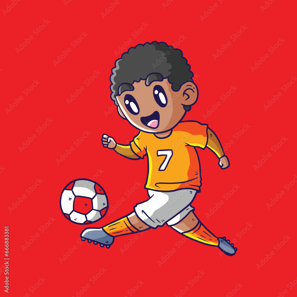 Man with Orange jersey playing soccer. Boy playing soccer vector illustration. Children playing football illustration. Soccer illustration.