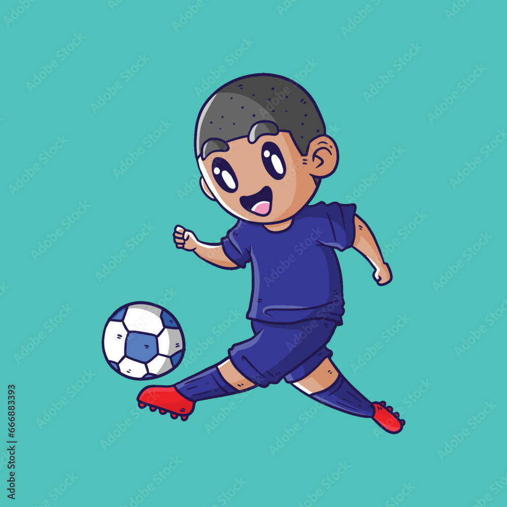 Man with Blue jersey playing soccer. Boy playing soccer vector illustration. Children playing football illustration. Soccer illusration