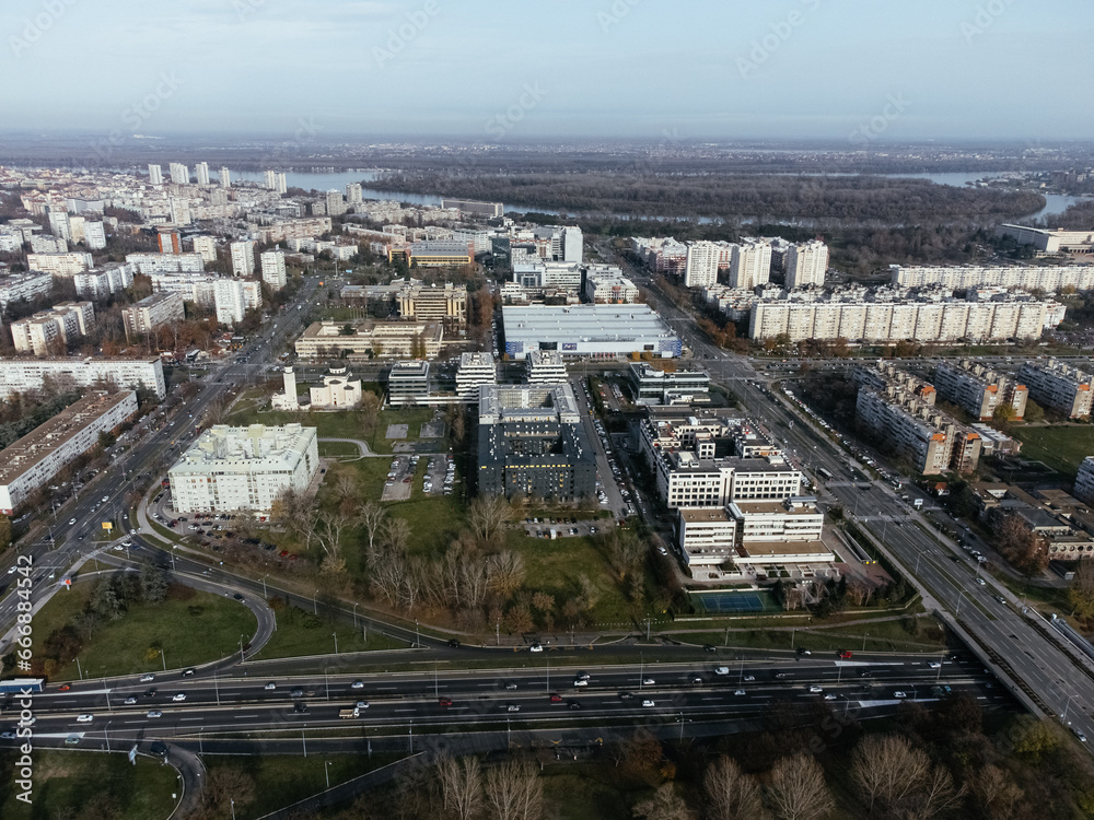 Fototapeta premium Drone view of Belgrade city, New Belgrade district