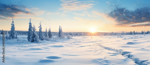 Snowy field view after blizzard sunset tracks fresh snow icy desert dramatic clouds global warming theme Lapland Finland