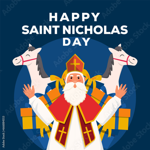 flat happy saint nicholas day illustration with gift boxes and horses