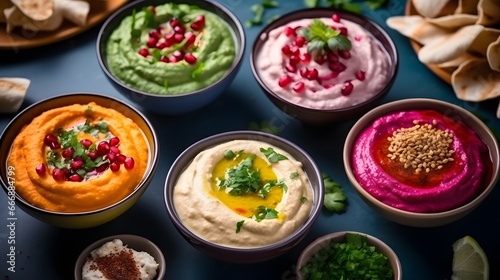Colorful hummus bowls. Different kinds of dips. Traditional hummus, herbs hummus, beetroot hummus, spread. Assorted meze and dips with crispy pita. Meze and snacks concept. Middle eastern snacks set