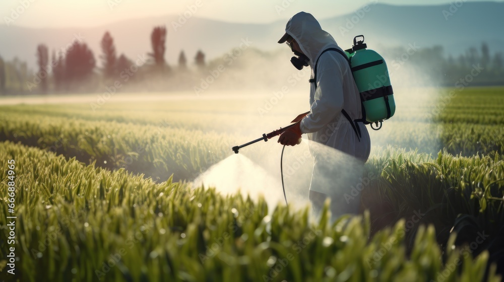 Pesticide and Fertilizer Application: "A farmer in protective gear spraying crops with a pesticide applicator. - obrazy, fototapety, plakaty 