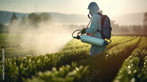 Pesticide and Fertilizer Application: "A farmer in protective gear spraying crops with a pesticide applicator.