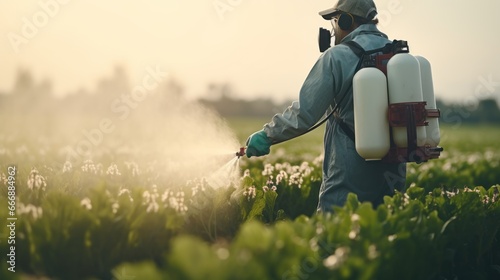 Pesticide and Fertilizer Application: "A farmer in protective gear spraying crops with a pesticide applicator.