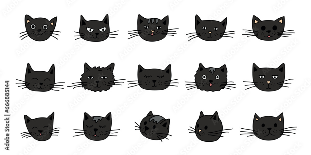 Hand drawn cat muzzle clipart. Cute pet face doodle set