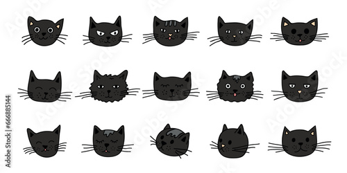 Hand drawn cat muzzle clipart. Cute pet face doodle set