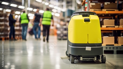 Walk - behind floor cleaner, looking up. A floor cleaner uses a floor scrubber and a floor warning sign to clean the floor in a large warehouse,