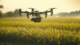 Precision farming uses GPS technology to precisely control farming equipment and monitor crop conditions. A farm with GPS - guided tractors and drones flying overhead.