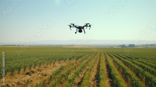 Precision farming uses GPS technology to precisely control farming equipment and monitor crop conditions. A farm with GPS - guided tractors and drones flying overhead.
