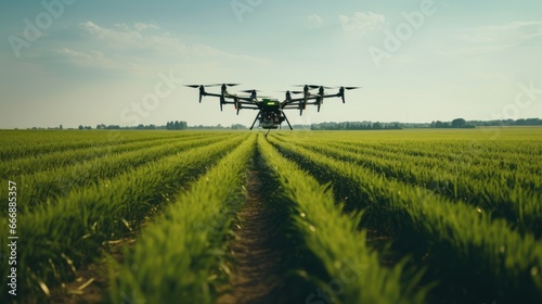 Precision farming uses GPS technology to precisely control farming equipment and monitor crop conditions. A farm with GPS - guided tractors and drones flying overhead. photo