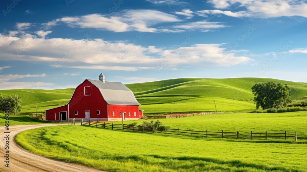 Rural Landscapes: A picturesque countryside landscape with rolling hills and a charming red barn.