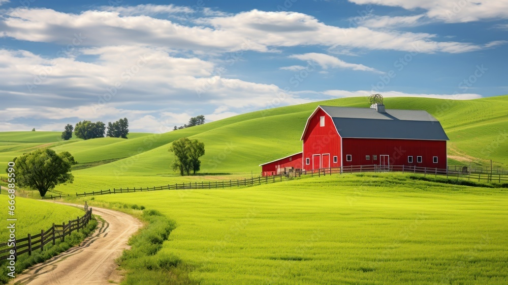 Rural Landscapes: A picturesque countryside landscape with rolling hills and a charming red barn.