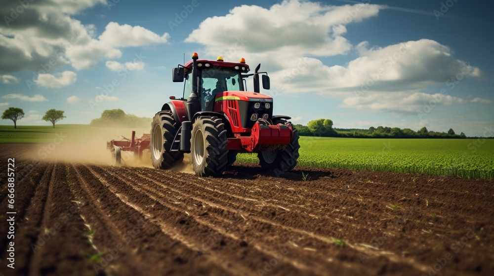 Farm Machinery: A tractor plowing a vast field in preparation for planting crops. Farm Machinery: A tractor plowing a vast field in preparation for planting crops.