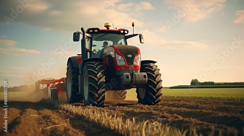 Farm Machinery  A tractor plowing a vast field in preparation for planting crops.