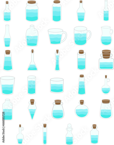 Bottle, cup, glass and jar vector illustration set for decoration on household, kitchen and container water concept.