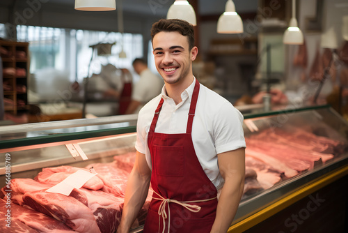 Young smiling butcher standing at the meat counter