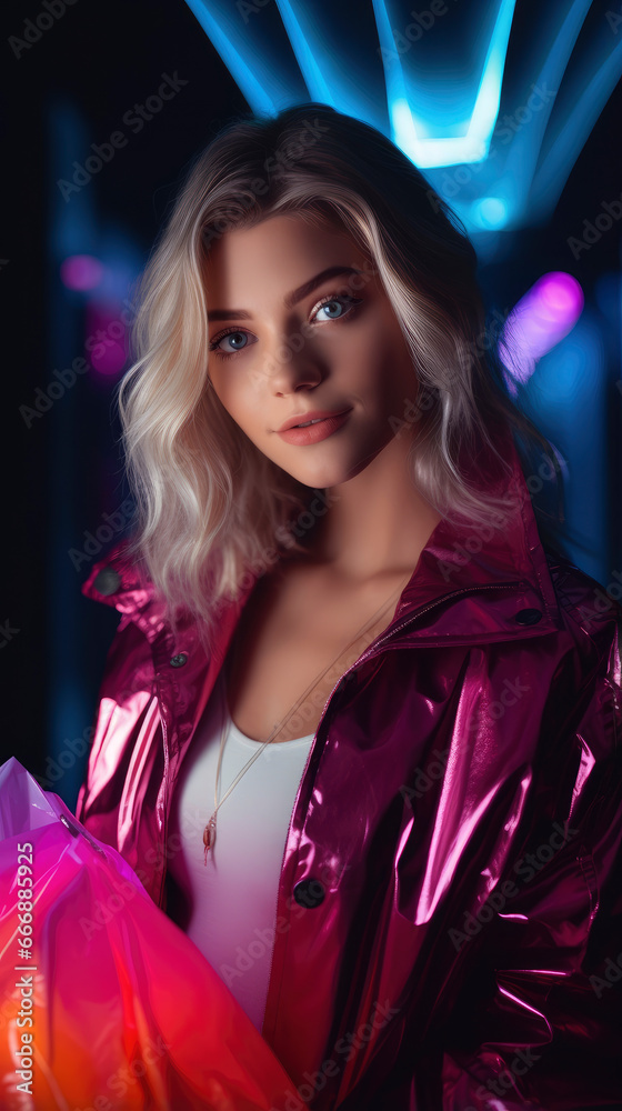 Woman in neon light cyberpunk dark background with shopping bags in black friday, cyber monday sales concept Woman in neon light cyberpunk dark background with shopping bags in black friday, cyber monday sales concept