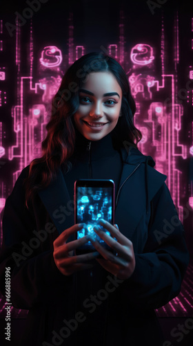 Woman inviting for online shopping with smartphone, black friday, cyber monday sales. neon background
