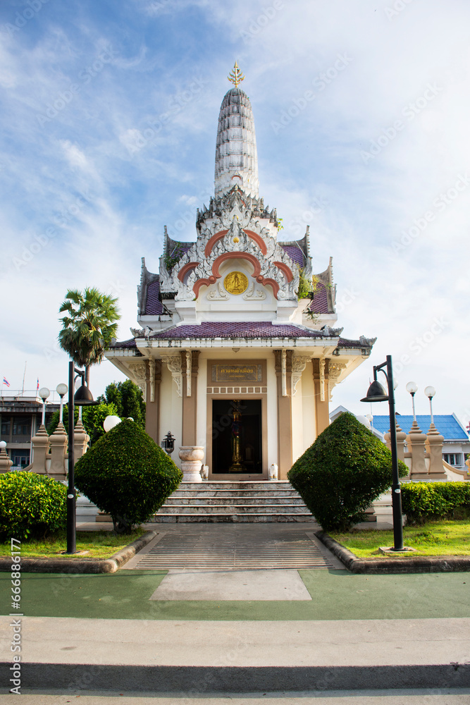 Ancient building of antique chumphon city pillar shrine for thai people travelers visit travel and respect praying blessing wish mystery myth old deity angel on October 11, 2023 in Chumphon, Thailand