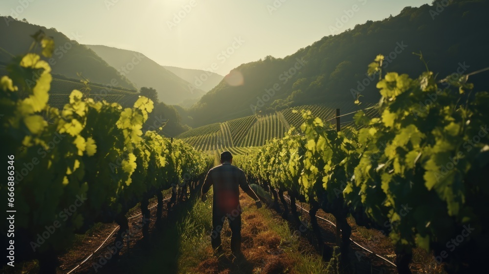 Vineyards: Rolling vineyard hills with rows of grapevines bearing clusters of ripe grapes. A winery worker pruning grapevines in the early morning light. - obrazy, fototapety, plakaty 