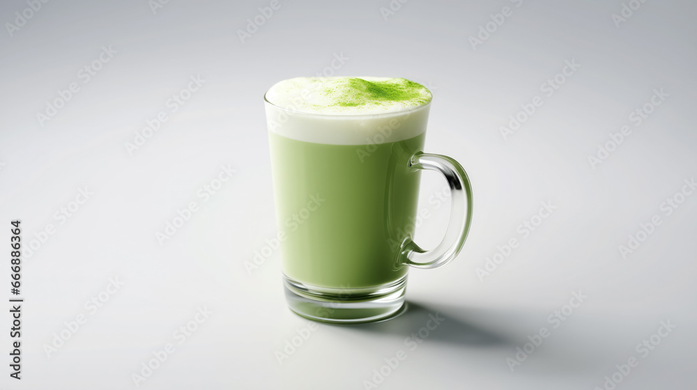Frothy green matcha drink in a clear mug. Frothy green matcha drink in a clear mug.