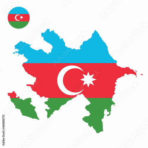 Vector set of Azerbaijan high detailed map flag and national flag round badge isolated on white background.