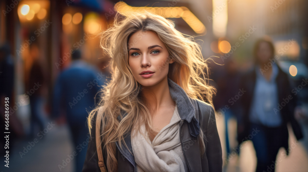 Attractive young blonde woman on evening city street
