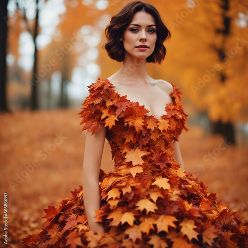 Portrait of a woman wearing a dress made of maple leaves in a park. photo