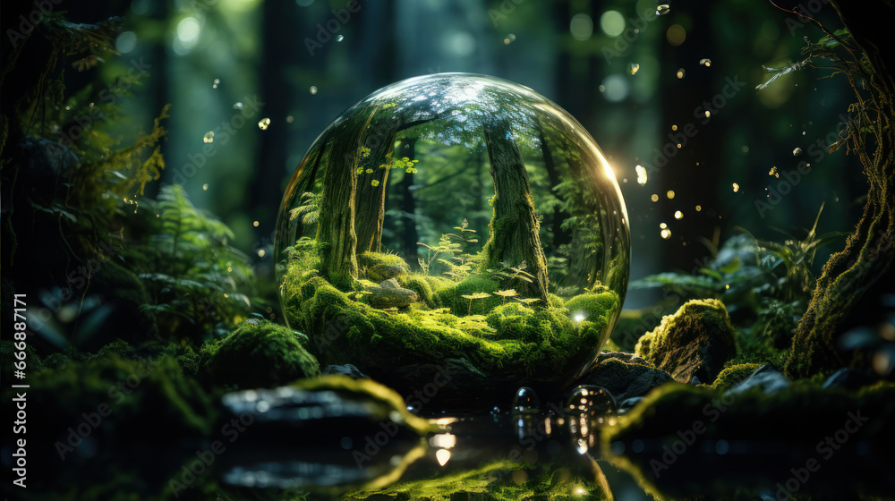 magic crystal ball, the water in this forest is reflected by the glass