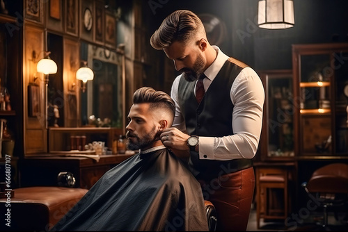 Elegant stylish men’s hair salon and barber shop - hairdresser cuts hair of customer