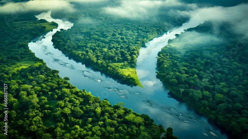 Aerial view of rainforest and confluence of two rivers photo