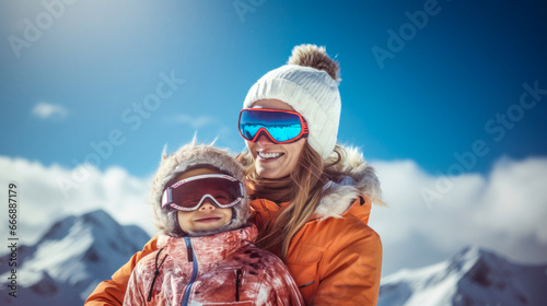 Mom and child in winter mountains with ski goggles on their faces photo