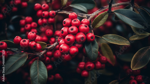 Closeup of Colorful and Vibrant Cranberry Bushes for Christmas or Thanksgiving Holidays - Beautiful Red  Berries with Dark Green Foliage and Leaves - Red, Pink Color Tint with Cinematic Style Grading