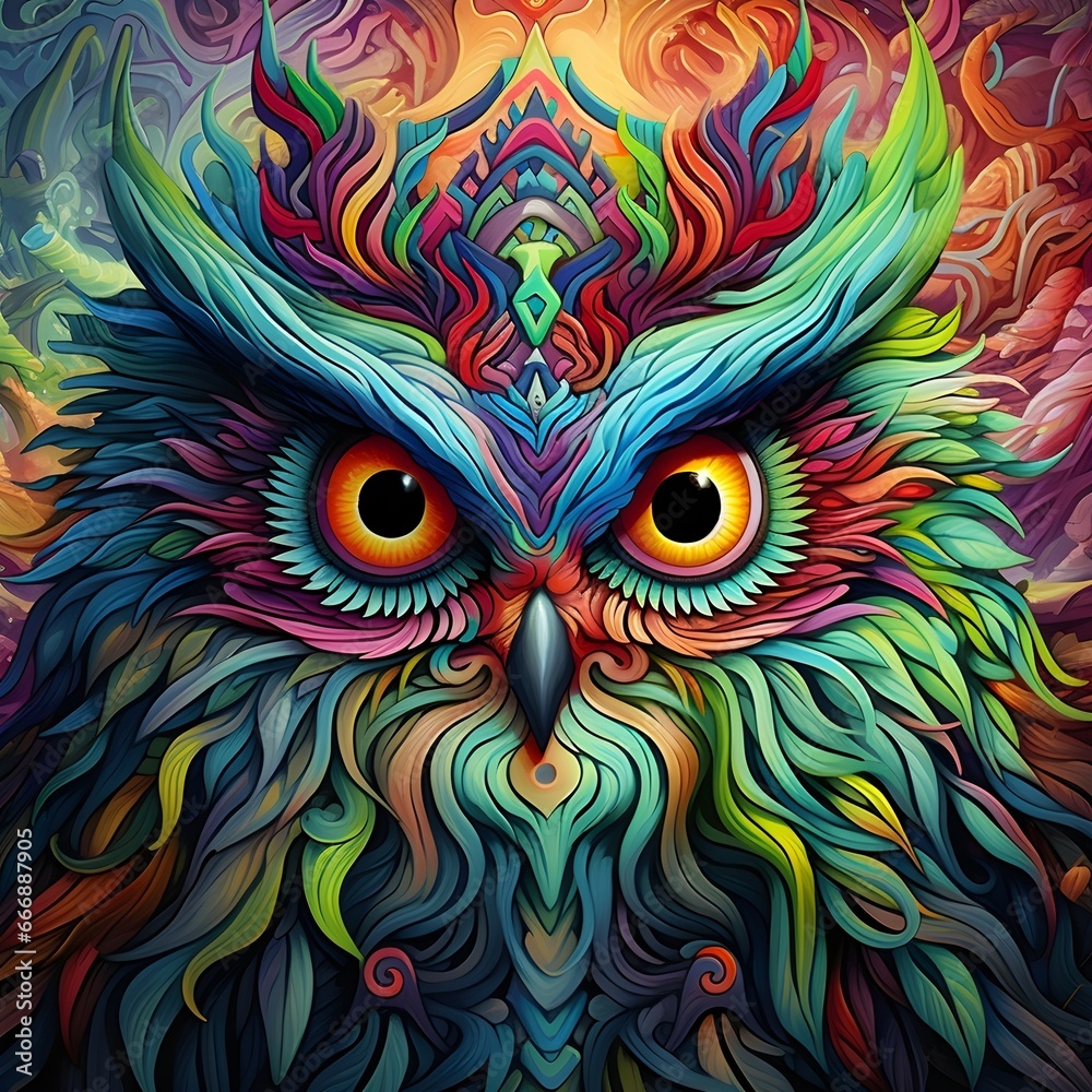 Colorful close up owl design - generative AI Colorful close up owl design - generative AI