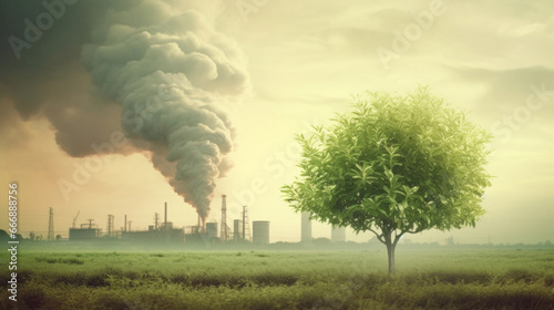 Green tree growing environmental problem alert with Chemical plant smoke background. photo