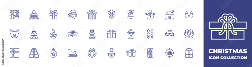 Christmas line icon collection. Editable stroke. Vector illustration. Containing cake, bell, christmas tree, frankincense, gift, gift box, snowman, bauble, canapes, christmas, christmas present, elf.