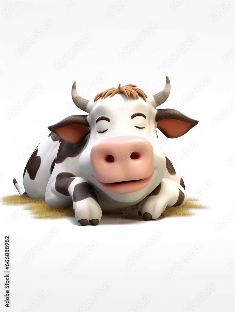 A 3D Cartoon Cow Sleeping Peacefully on a Solid Background