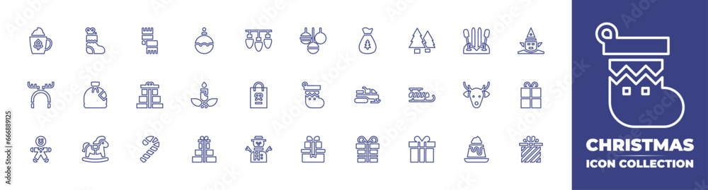 Christmas line icon collection. Editable stroke. Vector illustration. Containing chocolate, christmas ball, baubles, christmas sock, christmas lights, earmuffs, decorative, gingerbread, gifts.