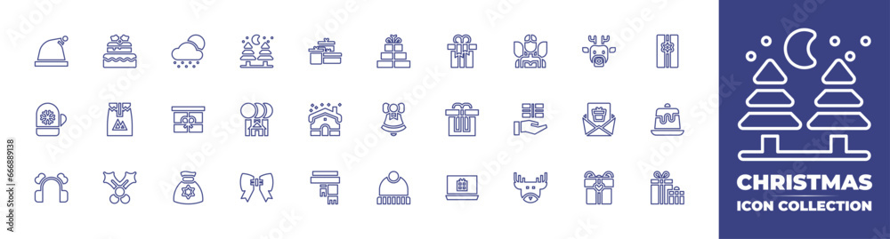 Christmas line icon collection. Editable stroke. Vector illustration. Containing cake, gift, package, bell, pudding, mistletoe, winter hat, gifts, pine, fairy, snowing, cabin, hand gesture, present.