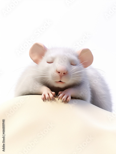 A 3D Cartoon Rat Sleeping Peacefully on a Solid Background