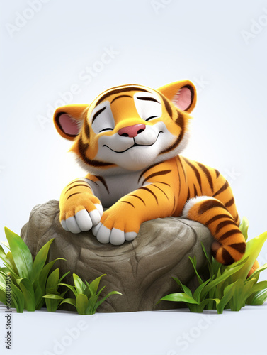 A 3D Cartoon Tiger Sleeping Peacefully on a Solid Background