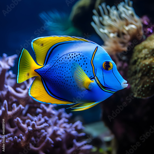 Close up of a Blue Tang fish in an aquarium 