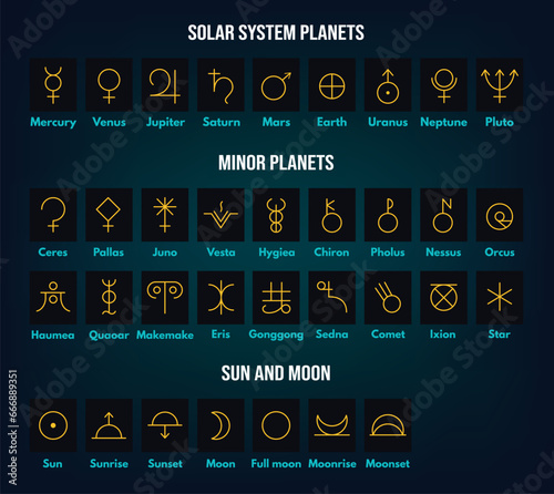 Planetary symbols. Astronomical solar system and minor planets, sun and moon signs. Simple alchemy vector outline icons set
