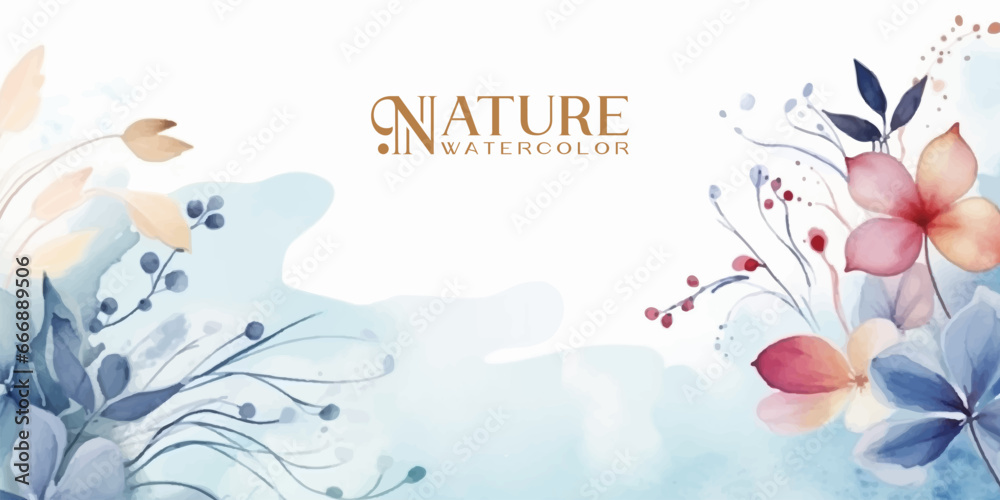 Winter background design with watercolor brush texture, Flower and botanical leaves watercolor hand drawing. Abstract art wallpaper design for wall arts, wedding and VIP invite card.