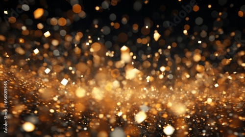 gold particles abstract background with shining golden Floating Dust Particles Flare Bokeh star on Black Background. Futuristic glittering in space