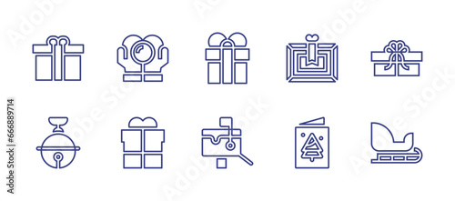 Christmas line icon set. Editable stroke. Vector illustration. Containing gift, sleigh, frame, postcard, jingle bell, postbox, snow ball.