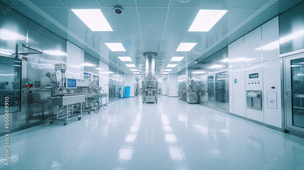 Interior of Pharmaceautical clean room, industrial design for large scale chemical production in controlled sterile conditions.